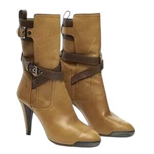 Tod's Moto Mid Calf Stiletto Boots •36/6• Camel Brown Straps Combat Italy Tods